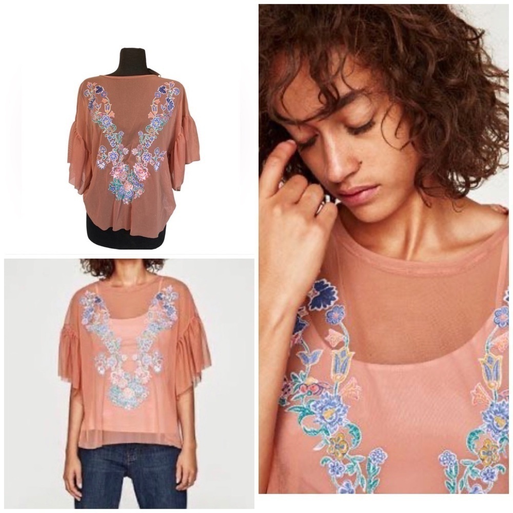 Zara Peach Tulle Mesh Embroidered Flutter Boho Blouse | Clearance ! ON Sale!
